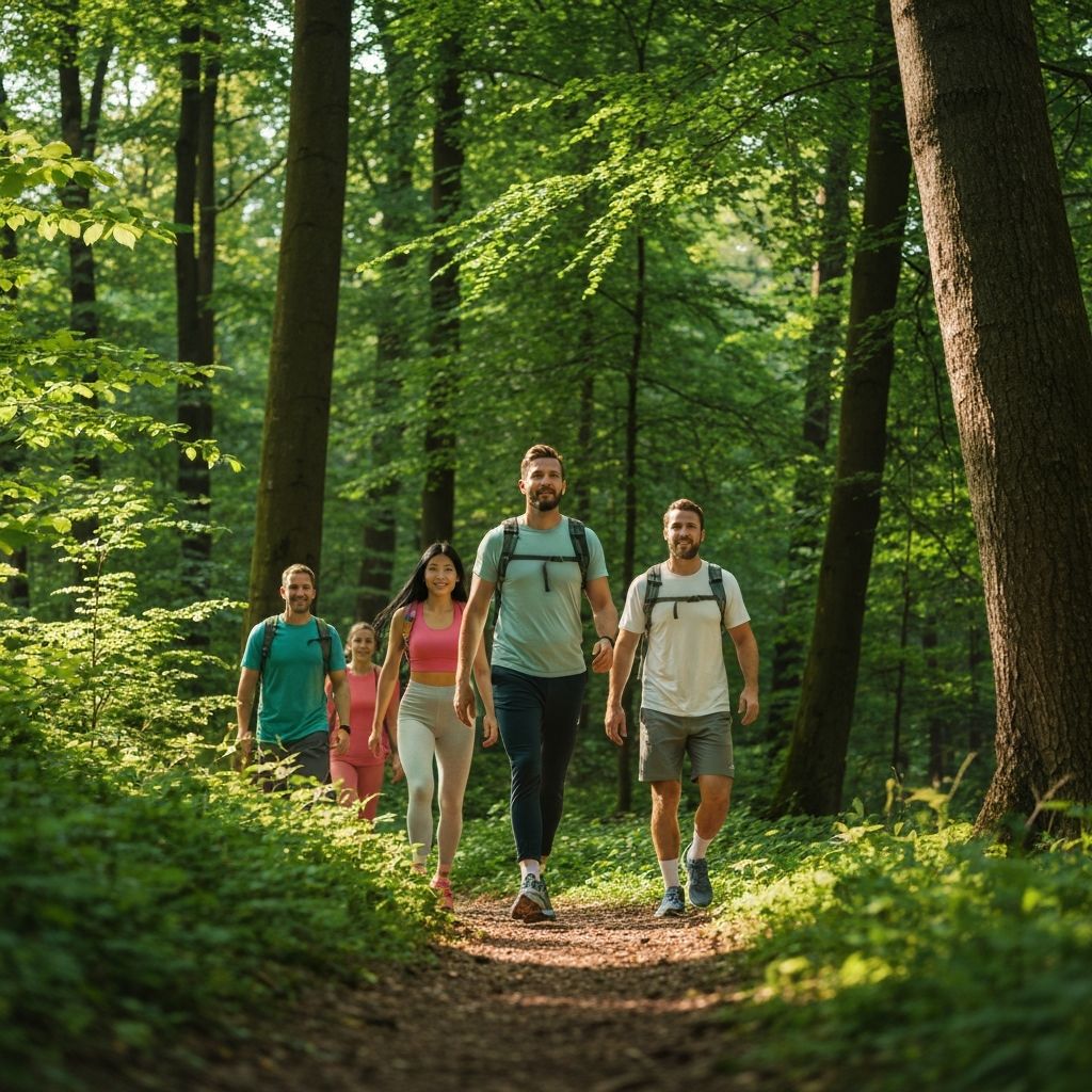 Active adults hiking through forest